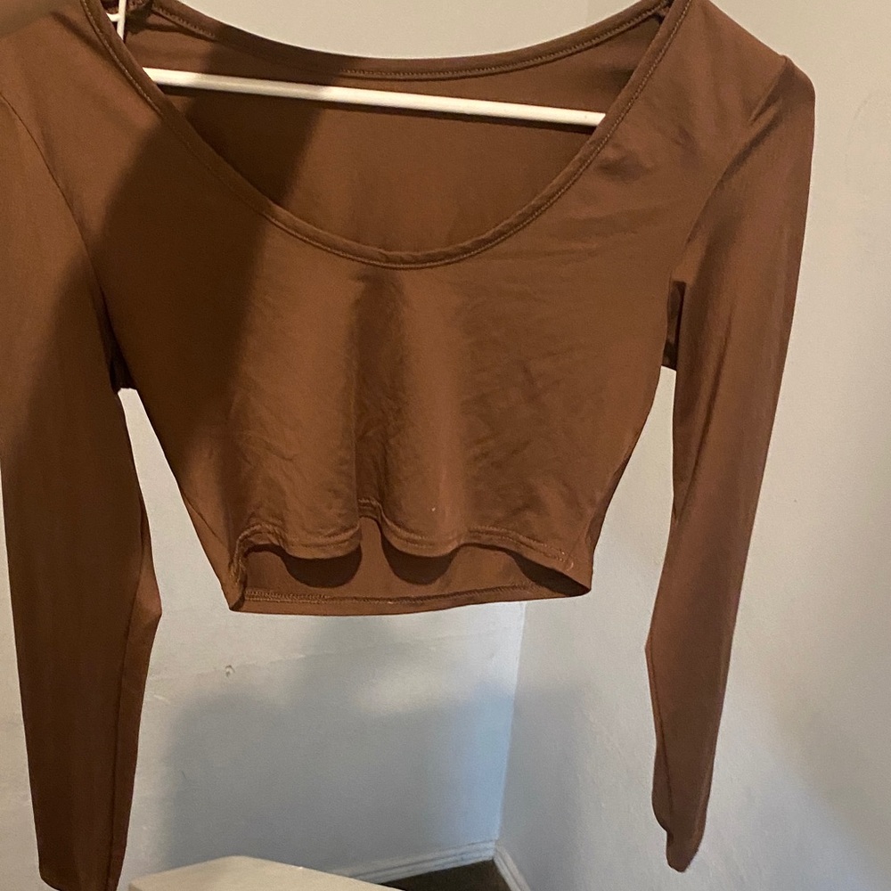 Brown Long-Sleeve Scoop Neck Crop Top